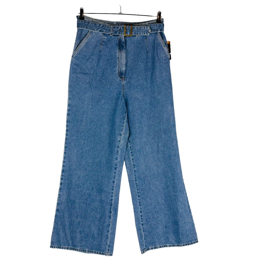 New Jeanology Collection Sz 14 Tall Wide Leg Jeans High Waist Belted Pockets NWT